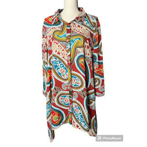 Melissa Paige Women's Tunic Top Size 1X in Red Blue Multicolored Paisley Print